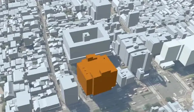PLATEAUデータによる建物外観の3D表示の例