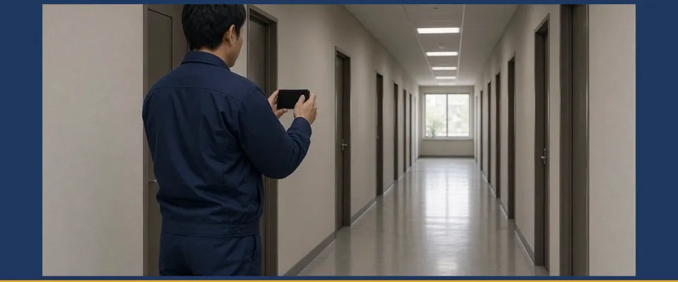 ビルの廊下をスマホで撮影している担当者