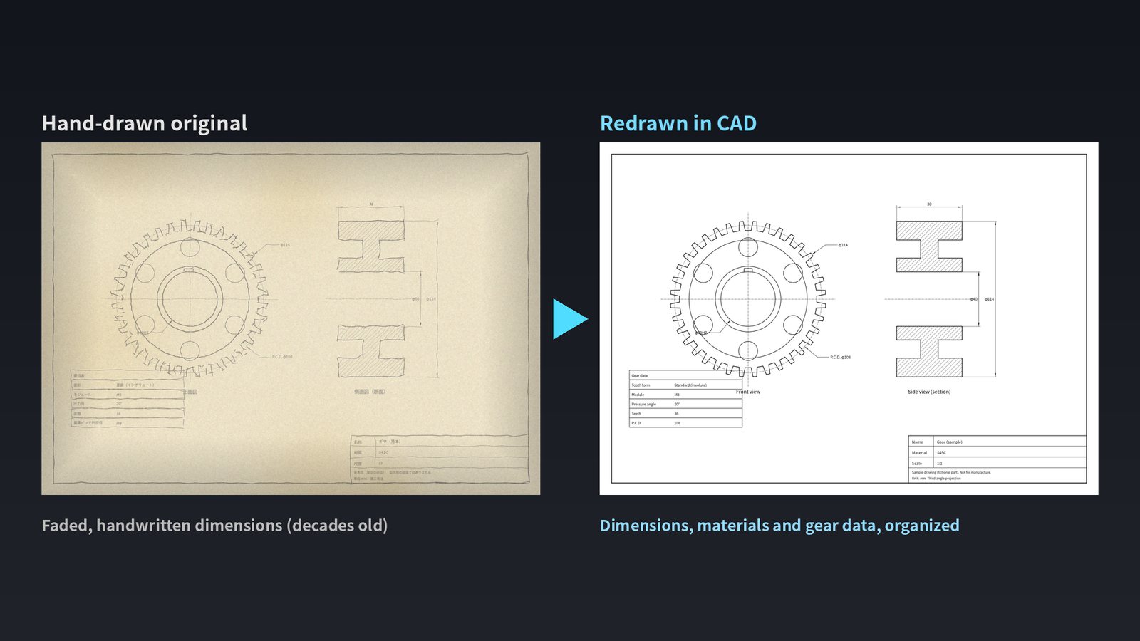 A hand-drawn-style sample drawing next to the CAD drawing redrawn from it