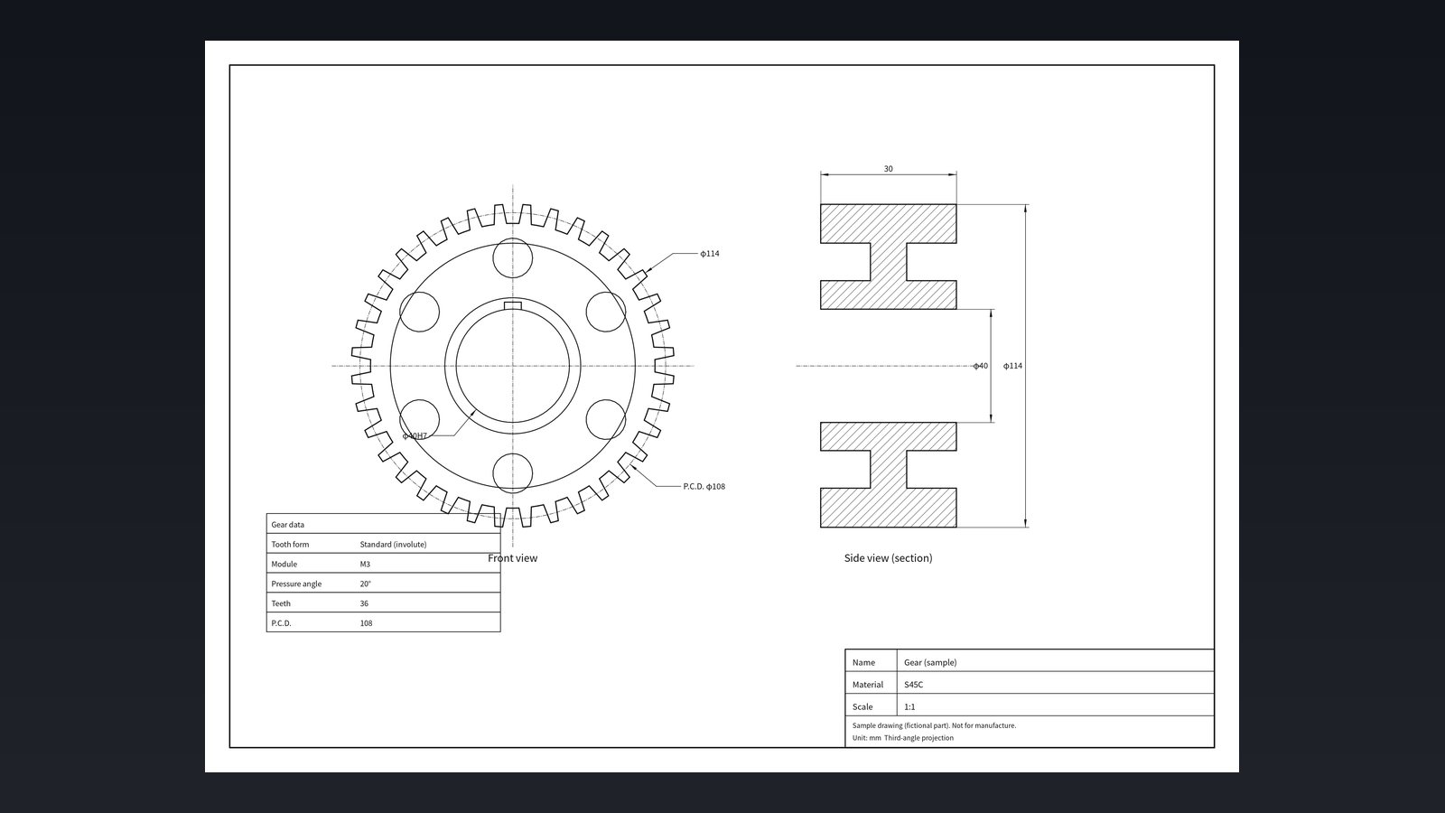 CAD part drawing of a gear (sample, fictional part)