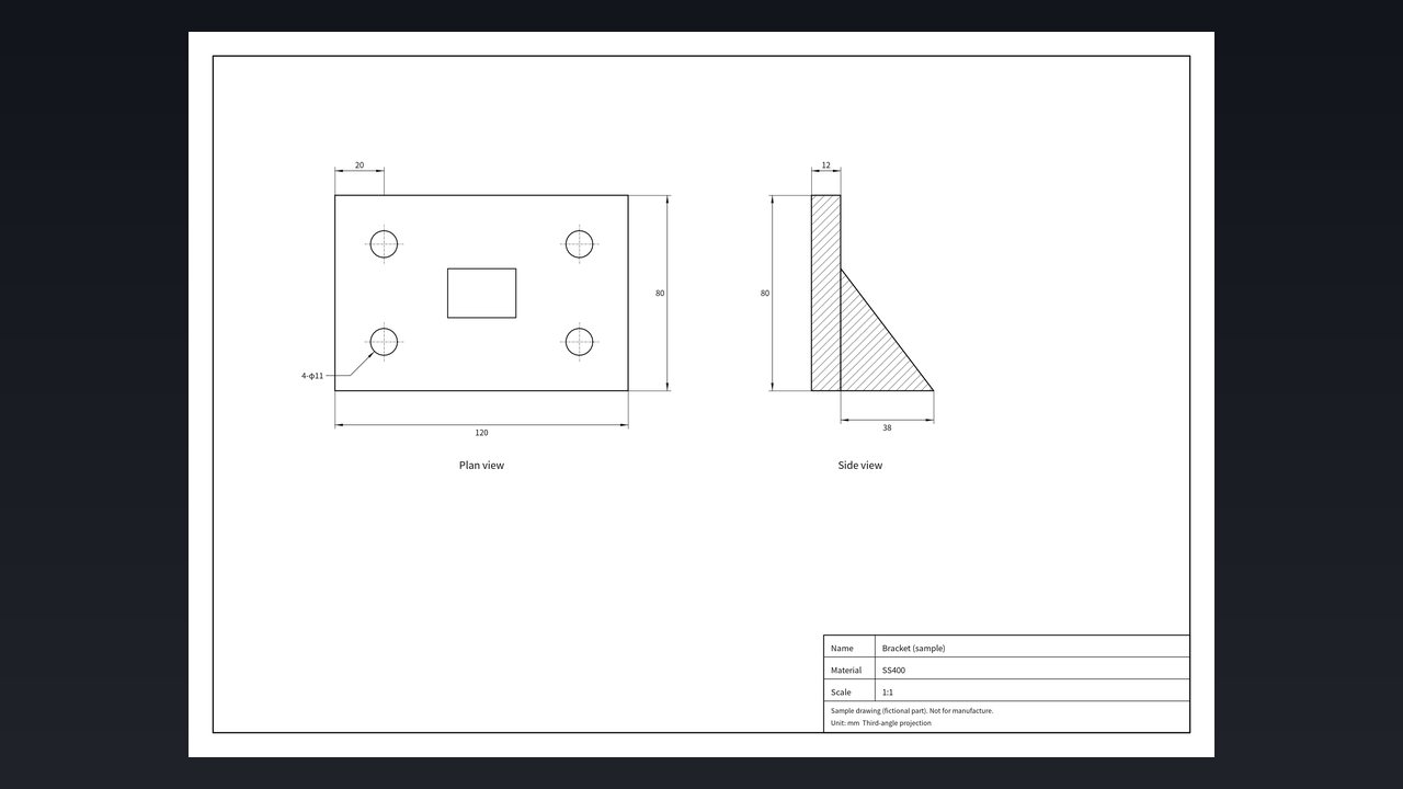 A CAD drawing of a bracket (sample, fictional part)