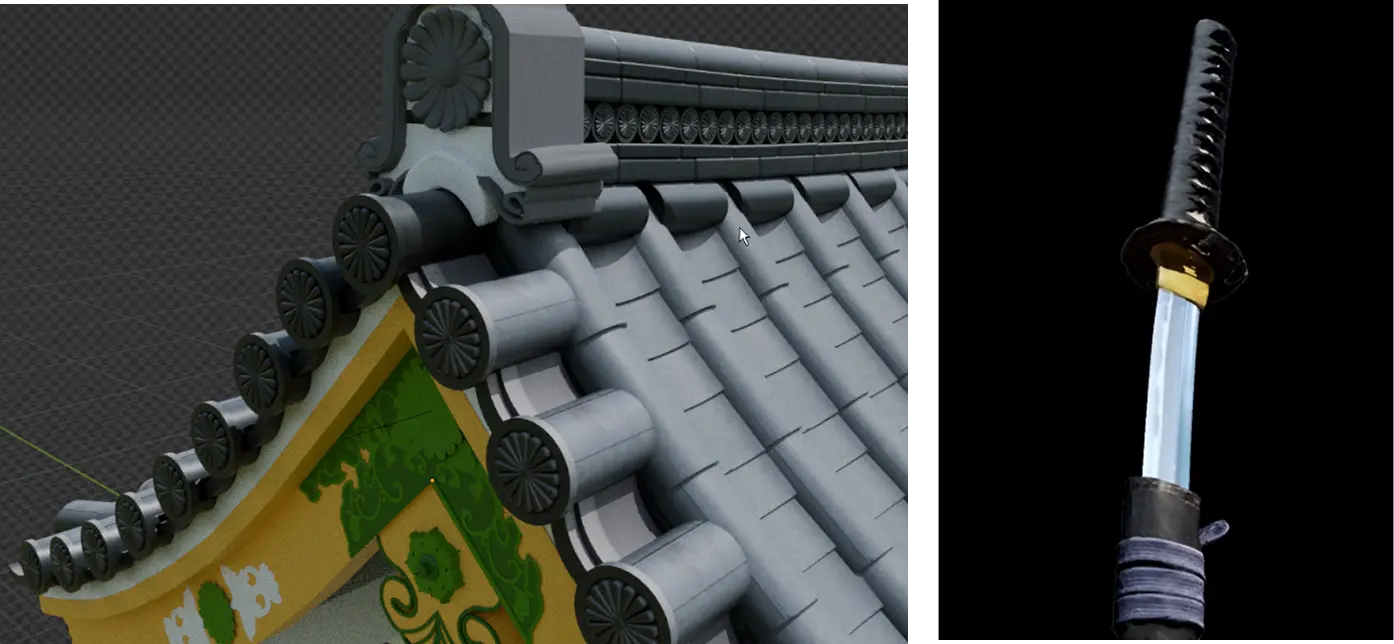 屋根瓦と日本刀の3Dモデリング